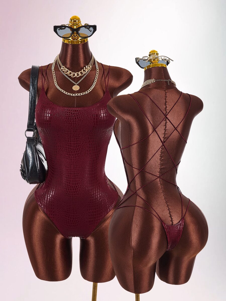 Amplova Double Spaghetti Strap Backless Criss-Cross Fitted Bodysuit - Burgundy - View 1