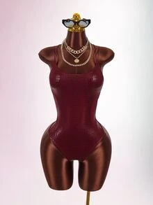 Amplova Double Spaghetti Strap Backless Criss-Cross Fitted Bodysuit - Burgundy - View 3