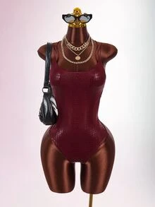 Amplova Double Spaghetti Strap Backless Criss-Cross Fitted Bodysuit - Burgundy - View 10