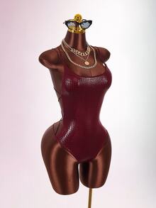 Amplova Double Spaghetti Strap Backless Criss-Cross Fitted Bodysuit - Burgundy - View 7