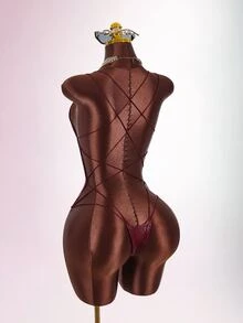 Amplova Double Spaghetti Strap Backless Criss-Cross Fitted Bodysuit - Burgundy - View 11