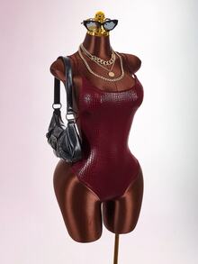 Amplova Double Spaghetti Strap Backless Criss-Cross Fitted Bodysuit - Burgundy - View 6