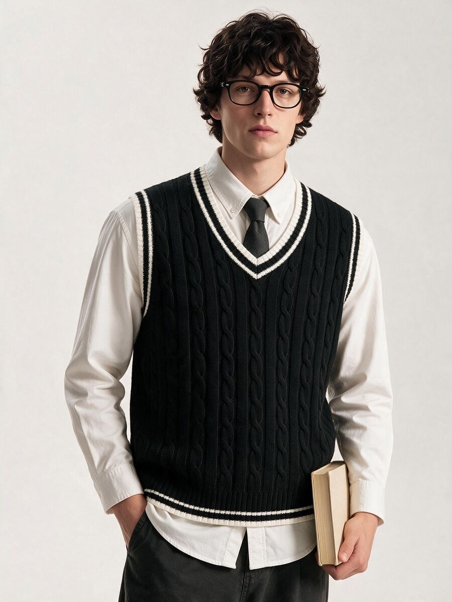 Limitiso Contrast Striped Trim V-Neck Cable Knit Casual Sweater Vest For Men, Fall Winter, Holiday - Black - View 1