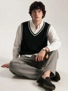 Limitiso Contrast Striped Trim V-Neck Cable Knit Casual Sweater Vest For Men, Fall Winter, Holiday - Black - View 5