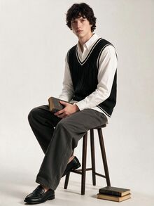 Limitiso Contrast Striped Trim V-Neck Cable Knit Casual Sweater Vest For Men, Fall Winter, Holiday - Black - View 3
