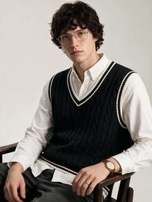 Limitiso Contrast Striped Trim V-Neck Cable Knit Casual Sweater Vest For Men, Fall Winter, Holiday - Black - View 2