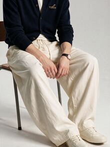 Limitiso 男士宽松直筒阔腿亚麻抽绳腰休闲裤，宽松裤，秋季 - 杏色 - 查看 3