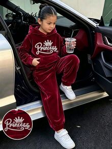 SHEIN Elladie kids 年轻女孩休闲舒适长袖连帽两件套秋季女童连帽衫套装 - 酒紅色 - 查看 1