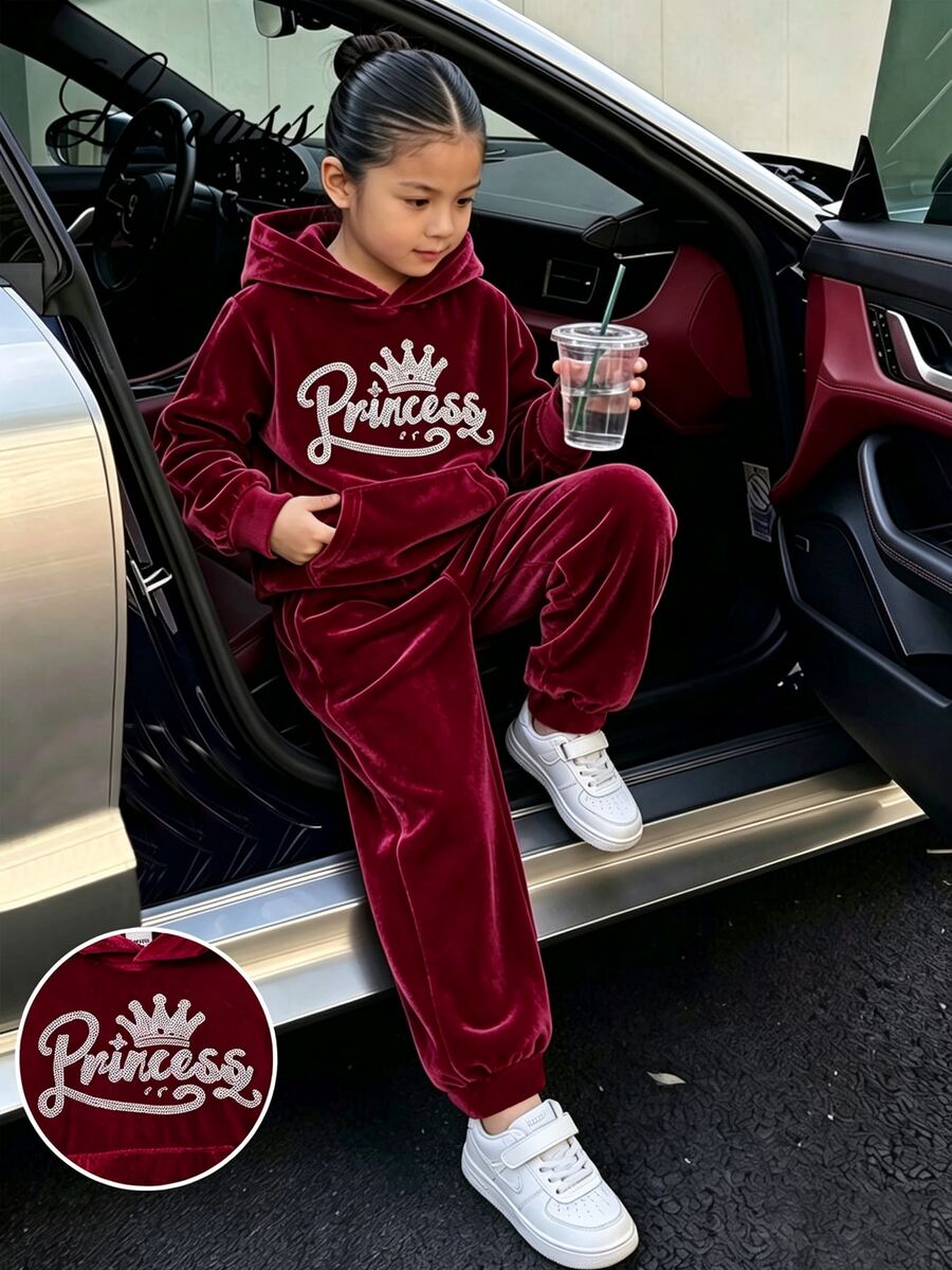 SHEIN Elladie kids 年轻女孩休闲舒适长袖连帽两件套秋季女童连帽衫套装 - 酒紅色 - 查看 1
