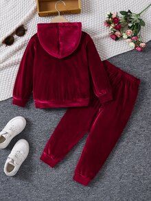 SHEIN Elladie kids 年轻女孩休闲舒适长袖连帽两件套秋季女童连帽衫套装 - 酒紅色 - 查看 2