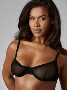 MISSGUIDED Conjunto de lencería de malla transparente con tanga de encaje de cintura alta, 2 piezas, delicado, ropa interior femenina con talla grande, conjunto inalámbrico sin forro - Negro - Ver 5