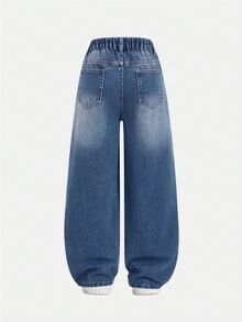 SHEIN Casuvi Kids 青少年女孩牛仔褲 Y2K復古寬鬆版型，腰部皮革貼布個性化設計，寬腿牛仔長褲，彈性腰頭舒適休閒，適合秋季返校穿搭 - 中等水洗藍 - 查看 2