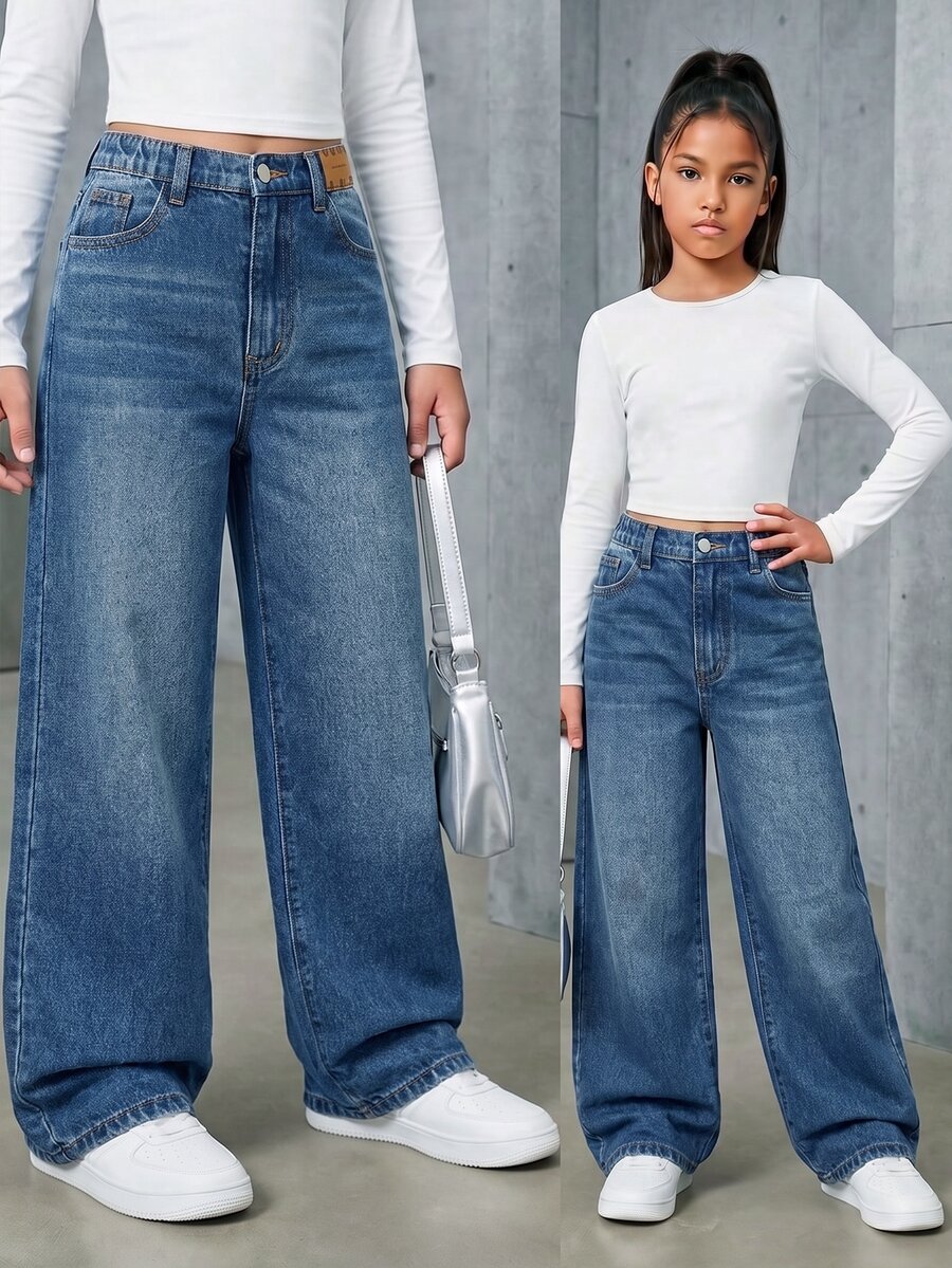 SHEIN Casuvi Kids 青少年女孩牛仔褲 Y2K復古寬鬆版型,腰部皮革貼布個性化設計,寬腿牛仔長褲,彈性腰頭舒適休閒,適合秋季返校穿搭 - 中等水洗藍 - 查看 1