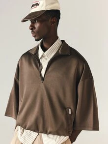 SUMWON Oversized Half-Zip Sweatshirt With High Neck Short Sleeve Side Pockets Elasticated Hem Casual Pullover Top - Brown - View 4