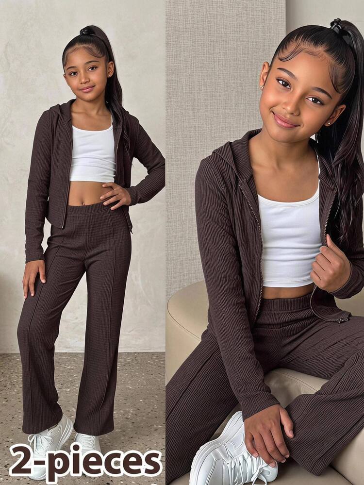 Tween Girl Tween Girls 2pcs Pure Coffee Textured Knit Hoodie Top And Wide Leg Pants Set, Suitable For Spring And Autumn Casual Daily Wear - Coffee Brown - View 2