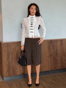 Harriette Anya 女士白色蕾丝黑色纽扣腰长袖衬衫，复古宫廷风上衣，新款中国风衬衫，白色蕾丝长袖衬衫，半透明蕾丝上衣，春夏秋季穿着，优雅百搭，适合通勤、约会、派对、婚礼、毕业典礼、演出、音乐会、工作、返校、年会、女士生日等场合。 - 白色 - 查看 4