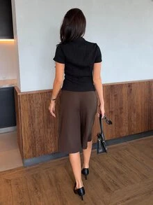 Harriette Anya 杏色新款中式纽扣领短袖收腰春夏新款女式衬衫 - 黑色 - 查看 2