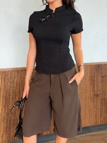 Harriette Anya 杏色新款中式纽扣领短袖收腰春夏新款女式衬衫 - 黑色 - 查看 6