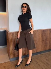 Harriette Anya 杏色新款中式纽扣领短袖收腰春夏新款女式衬衫 - 黑色 - 查看 5