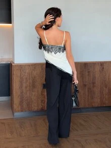 Harriette Anya 女士撞色蕾丝不对称下摆时尚吊带背心 - 米色 - 查看 2