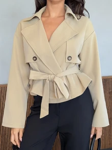 Harriette Anya 卡其色收腰短款女式风衣，百搭秋冬 - 卡其色 - 查看 6