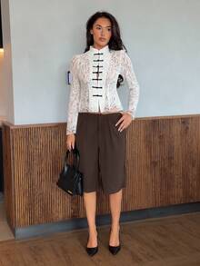 Harriette Anya 女士休闲简约咖啡棕色低腰七分西装裤，宽松阔腿短裤，百慕大短裤，通勤短裤，棕色长裤，低腰百慕大短裤，棕色西装裤，低腰西装裤，休闲商务装，办公室穿着，复古风格 - 咖啡棕 - 查看 3