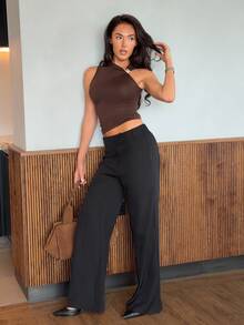Harriette Anya Women's Fashion Minimalist Modern High-Waisted Black Straight-Leg Pants, Black Suit Pants, High-Waisted Pants, Loose Casual Pants, Wide-Leg Pants, Casual Business Women's Wear, Elegant Retro Vintage Style Clothing, Urban Comfortable Minimalist Outfit, Suitable For Daily Outings, Office, Business, Commuting, Formal Occasions - Black - View 5