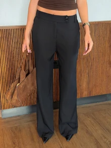 Harriette Anya Women's Fashion Minimalist Modern High-Waisted Black Straight-Leg Pants, Black Suit Pants, High-Waisted Pants, Loose Casual Pants, Wide-Leg Pants, Casual Business Women's Wear, Elegant Retro Vintage Style Clothing, Urban Comfortable Minimalist Outfit, Suitable For Daily Outings, Office, Business, Commuting, Formal Occasions - Black - View 3