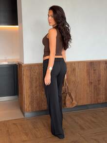 Harriette Anya Women's Fashion Minimalist Modern High-Waisted Black Straight-Leg Pants, Black Suit Pants, High-Waisted Pants, Loose Casual Pants, Wide-Leg Pants, Casual Business Women's Wear, Elegant Retro Vintage Style Clothing, Urban Comfortable Minimalist Outfit, Suitable For Daily Outings, Office, Business, Commuting, Formal Occasions - Black - View 2