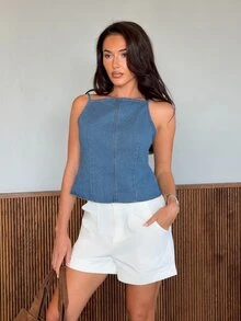 Harriette Anya Atasan Denim Camisole Tanpa Punggung dengan Tali Pengikat Kasual untuk Musim Panas - Medium Wash - View 6