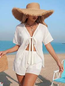 Swim Vcay 2026 Spring/Summer New Tie Front All White Solid Color Open Front Loose Women's Kimono Cover Up, Sexy Casual Rock Y2K Beach Vacation Wear, Party - Apricot - View 3