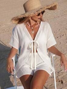 Swim Vcay 2026 Spring/Summer New Tie Front All White Solid Color Open Front Loose Women's Kimono Cover Up, Sexy Casual Rock Y2K Beach Vacation Wear, Party - Apricot - View 4