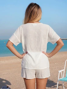 Swim Vcay 2026 Spring/Summer New Tie Front All White Solid Color Open Front Loose Women's Kimono Cover Up, Sexy Casual Rock Y2K Beach Vacation Wear, Party - Apricot - View 2