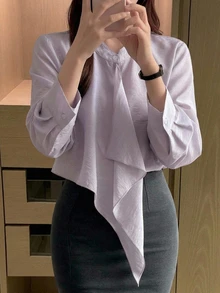 DAZY Women's Solid Color Loose Fit Stand Collar Long Sleeve Asymmetrical Elegant Formal Vacation Spring Autumn Blouse Shirt - Blue - View 2