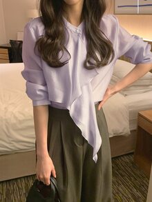 DAZY Women's Solid Color Loose Fit Stand Collar Long Sleeve Asymmetrical Elegant Formal Vacation Spring Autumn Blouse Shirt - Blue - View 1