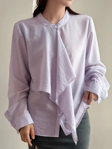 DAZY Women's Solid Color Loose Fit Stand Collar Long Sleeve Asymmetrical Elegant Formal Vacation Spring Autumn Blouse Shirt - Blue - View 6