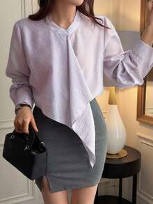 DAZY Women's Solid Color Loose Fit Stand Collar Long Sleeve Asymmetrical Elegant Formal Vacation Spring Autumn Blouse Shirt - Blue - View 7