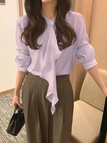 DAZY Women's Solid Color Loose Fit Stand Collar Long Sleeve Asymmetrical Elegant Formal Vacation Spring Autumn Blouse Shirt - Blue - View 3