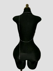 EgrlEra Draped Collar Chain Detail Backless Crop Metallic Halter Top For New Year Holiday Party Clothes - Khaki - View 2