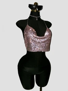 EgrlEra Draped Collar Chain Detail Backless Crop Metallic Halter Top For New Year Holiday Party Clothes - Khaki - View 6