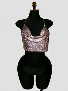 EgrlEra Draped Collar Chain Detail Backless Crop Metallic Halter Top For New Year Holiday Party Clothes - Khaki - View 5