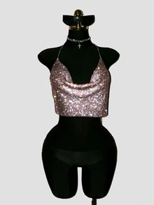 EgrlEra Draped Collar Chain Detail Backless Crop Metallic Halter Top For New Year Holiday Party Clothes - Khaki - View 3