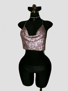EgrlEra Draped Collar Chain Detail Backless Crop Metallic Halter Top For New Year Holiday Party Clothes - Khaki - View 7