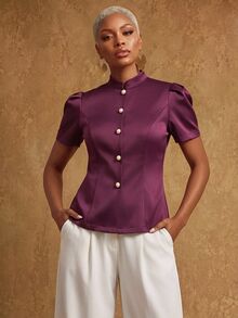 SHEIN Lunessa Elegant Commute Business Meeting Slim Fit Stand Collar Petal Sleeve Pearl Button Burgundy Women's Short Sleeve Blouse Executive Meeting Evening Gala Speech Event Conference Office Award Ceremony Spring Summer Autumn Company Dinner - Burgundy - View 2