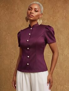 SHEIN Lunessa Elegant Commute Business Meeting Slim Fit Stand Collar Petal Sleeve Pearl Button Burgundy Women's Short Sleeve Blouse Executive Meeting Evening Gala Speech Event Conference Office Award Ceremony Spring Summer Autumn Company Dinner - Burgundy - View 6