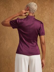 SHEIN Lunessa Elegant Commute Business Meeting Slim Fit Stand Collar Petal Sleeve Pearl Button Burgundy Women's Short Sleeve Blouse Executive Meeting Evening Gala Speech Event Conference Office Award Ceremony Spring Summer Autumn Company Dinner - Burgundy - View 5