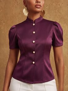 SHEIN Lunessa Elegant Commute Business Meeting Slim Fit Stand Collar Petal Sleeve Pearl Button Burgundy Women's Short Sleeve Blouse Executive Meeting Evening Gala Speech Event Conference Office Award Ceremony Spring Summer Autumn Company Dinner - Burgundy - View 4