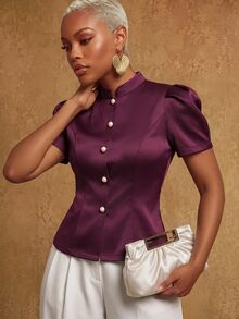 SHEIN Lunessa Elegant Commute Business Meeting Slim Fit Stand Collar Petal Sleeve Pearl Button Burgundy Women's Short Sleeve Blouse Executive Meeting Evening Gala Speech Event Conference Office Award Ceremony Spring Summer Autumn Company Dinner - Burgundy - View 3