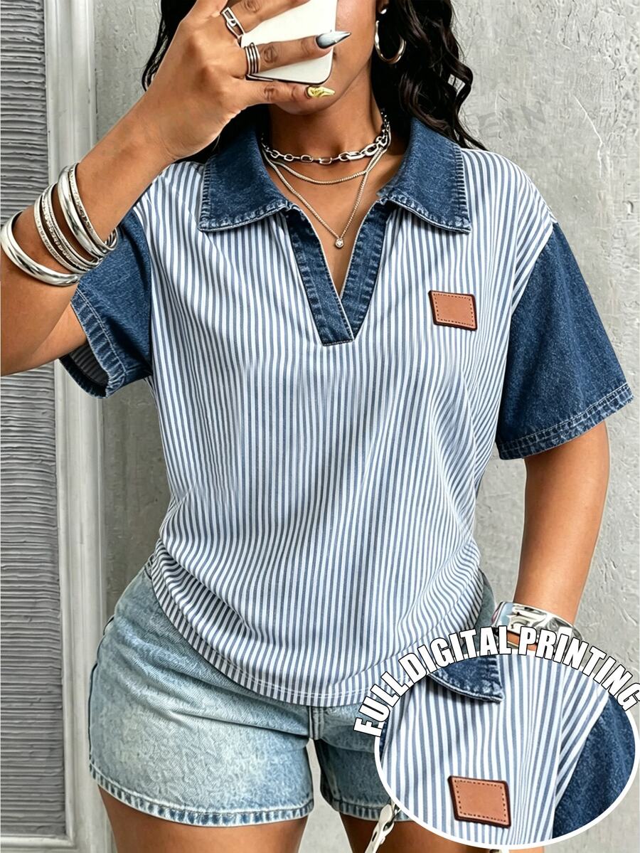 Maweii 女款休閒翻領條紋短袖上衣,適合通勤、度假與日常穿著。春夏季穿搭,休閒時尚風格,適合作為送給朋友與家人的禮物 - 彩色 - 查看 1