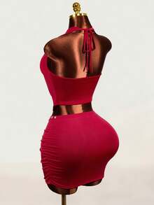 Mistrie Wine Red Rivet Draped Neck 2 Pieces Set, Cowl Neck Hollow Pleated Bodycon Mini Skirt Sexy Nightclub Outfit - Red - View 3